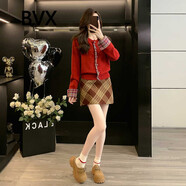 BVX秋季套裝女2025年新款時(shí)尚格紋拼接長(cháng)袖針織衫毛呢短裙休閑兩件套 紅色 S