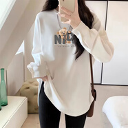 LOVELY&DEARLY中長(cháng)款圓領(lǐng)長(cháng)袖T恤女秋冬季不規則寬松大碼遮屁股上衣內搭打底衫 白色(NICE熊) M