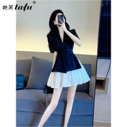 她芙（tafu）品牌女裝西裝連衣裙女套裝夏款2025新款氣質(zhì)收腰顯瘦v領(lǐng)職業(yè)裝裙 黑白 M