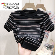 啄木鳥(niǎo)（TUCANO）冰絲短袖T恤女裝夏季薄款針織衫2025年新款半袖條紋短款高腰上衣 黑色 XL