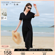 三彩大碼女裝2025夏季新款交叉綁帶小黑裙連衣裙V領(lǐng)短袖氣質(zhì)胖MM