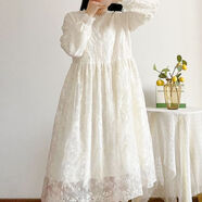 山頭林村歐根紗連衣裙早秋長(cháng)袖刺繡歐根紗連衣裙225氣質(zhì)顯瘦仙女蕾絲長(cháng)裙 杏色連衣裙加絨高品質(zhì) XL  （建議120-130斤左右）