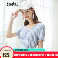 betu百圖女裝氣質V領多色條紋T恤針織短袖T2104T17 藍白條 XS