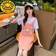 G.duck女童背帶裙夏季20新款韓版兒童短袖連衣裙中大童洋氣時(shí)髦套裝裙子 粉紅色芊藝花朵背帶裙套裝 160 cm