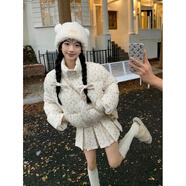 皓舒碎花立領(lǐng)短款棉服棉衣外套女秋冬溫柔甜美套裝百褶半身裙子兩件套 白色外套+白色短裙 XL