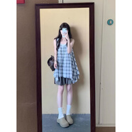 通柔古早味格紋無(wú)袖襯衫背心女夏季文藝覆古休閑 闊腿短褲兩件套巨好 背心+短褲 S 【80-100斤】