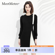 MeetMetro瑪依爾不規(guī)則撞色連衣裙女2025夏裝設(shè)計感蝴蝶結(jié)百褶裙氣質(zhì)a字裙 黑白MJ936933 M