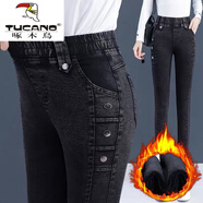 啄木鳥(niǎo)（TUCANO）松緊腰秋冬新款加絨高腰緊身牛仔褲女大碼女士褲子顯瘦鉛筆小腳褲 902-黑灰色 加絨 28 【建議100-110斤】