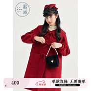 紫涵小A型方領(lǐng)毛呢大衣女冬季學(xué)院風(fēng)門(mén)襟手打蝴蝶結外套 復古紅 S