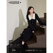闊色（kuose）黑色小香風(fēng)針織長袖連衣裙女秋冬季穿搭新款毛衣裙長裙子 黑色8003 L