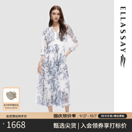 歌力思（ELLASSAY）秋季新款唯美水墨印花v領(lǐng)七分袖連衣裙女EWD353Y10100 藍(lán)寫意 M