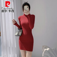 皮爾卡丹（pierre cardin）高領(lǐng)針織連衣裙女2025秋冬修身內(nèi)搭中長(zhǎng)款芭比粉包臀毛衣短裙子 棗紅色 短裙 L 110-125斤