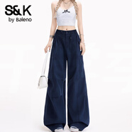 班尼路（Baleno）S&K系列美式復古灰色工裝闊腿休閑褲男女高腰寬松垂感直筒長(cháng)褲子 深藍 S