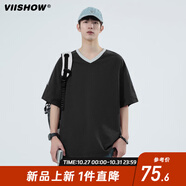 viishow純棉新款美式條紋短袖T恤男款夏季潮牌寬松休閑半袖v領(lǐng)上衣服 黑色 M