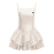 LACERTA/萊瑟塔設計師品牌25春夏桑蠶絲拼接蕾絲吊帶連衣裙精致蓬蓬短裙 白色 S