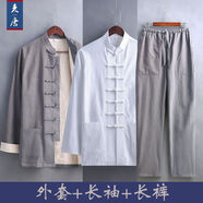 唐裝男中國風男裝國潮套裝中老年民國中山裝漢服中式茶服長衫馬褂 棉麻深灰厚款三件套 M