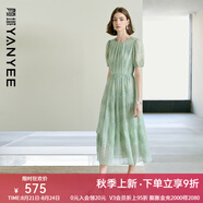 顏域綠色收腰顯瘦連衣裙女2025夏季新款短袖雪紡勾花輕熟復古長(cháng)裙 淺綠 L