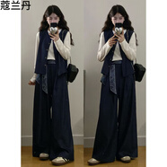 蔻蘭丹（KOULANDAN）休閑時(shí)尚套裝女胖mm春秋新款簡(jiǎn)約長(zhǎng)袖T恤馬甲+闊腿褲三件套女裝 T恤 L 【100-120斤】