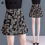 水畔衣人高檔冰絲闊腿褲夏季新款格子雪紡短褲女款褲子顯瘦a字五分褲裙褲 咖色 M 建議85-100斤