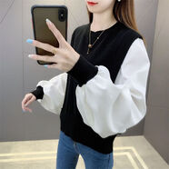 尡韻2025新款潮襯衫袖蝙蝠衫圓領(lǐng)假兩件毛衣女韓版寬松洋氣針織打底衫 黑色 S