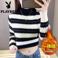 花花公子（PLAYBOY）加絨加厚毛衣女2025秋冬一體絨條紋半高領(lǐng)針織上衣新款內搭打底衫 黑色【一體絨 加厚 S