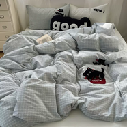 語(yǔ)森憶棉毛卡通水洗品繡床上四件套全棉純棉兒童床巾宿舍被套床單 蘋(píng)果貓 床笠款 7-1.5m床(床笠款四件套)適合2