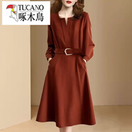 啄木鳥(niǎo)（TUCANO）媽a媽長(zhǎng)袖連衣裙女士棉麻春秋季2025新款氣質(zhì)時(shí)尚收腰顯瘦打底裙 酒紅色 【收腰/顯瘦/打底/減齡/ 2XL 【140-160斤】