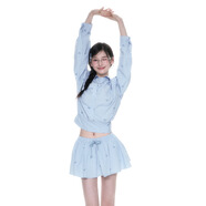 ELEVEN SLEEP/海鹽結語(yǔ)漫褶/藍色半身裙韓系條紋短裙a字蓬蓬裙女 襯衫 M