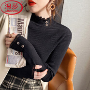 浪莎打底衫女春季新款半高領(lǐng)蕾絲加絨毛衣韓版修身顯瘦高級感保暖上衣 黑色【蕾絲閃鉆-輕暖春秋款】 均碼 【推薦90-130斤】