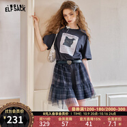 妖精的口袋原創(chuàng)貓咪印花格紋網(wǎng)紗連衣裙女2025夏季新款設(shè)計(jì)感裙子 俏皮灰色 S