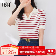 歐莎（OSA）條紋polo領(lǐng)針織衫短袖女高端夏季冰絲薄款休閑百搭顯瘦上衣 紅色 XL