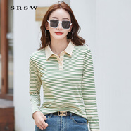 SRSW 春秋新款長(cháng)袖T恤女條紋POLO領(lǐng)打底衫女日韓休閑百搭上衣t恤顯瘦 綠色條紋 L （建議105-115斤）
