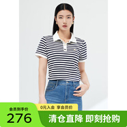 敦奴夏季新款短袖復(fù)古POLO衫亮絲混紡條紋撞色女T恤 本白 S