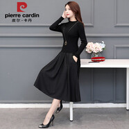 皮爾卡丹2025秋冬媽媽裝新款女修身中長(cháng)款針織繡花假兩件長(cháng)袖打底連衣裙子 黑色（1607）純色長(cháng)袖 2XL