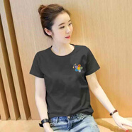 阿瑪施（AMASS）哥弟適用一線(xiàn)品牌洋氣杏色正肩短袖t恤女簡(jiǎn)約風(fēng)百搭顯瘦上衣 黑色(側邊小太陽(yáng)花)短袖 M 建議100-110斤卡碼拍小