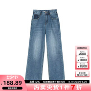 VEGA CHANG復古直筒牛仔褲女闊腿2025年秋冬新款寬松休閑高腰顯瘦百搭長(cháng)褲子 牛仔藍 （九分褲磨毛版） M