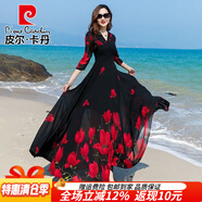 皮爾卡丹2025夏季新款韓版v領(lǐng)印花雪紡連衣裙女收腰氣質(zhì)大擺顯瘦沙灘長(zhǎng)裙 黑底紅花 XL