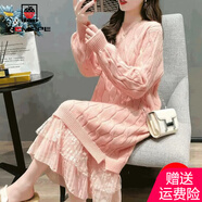 AEMAPE中長(zhǎng)款連衣裙女2025春秋冬季新寬松加厚蕾絲過膝針織毛衣裙子女 粉紅色加厚 S