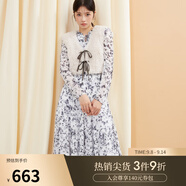 SNIDEL秋冬甜美淑女荷葉邊收腰百褶印花連衣裙SWFO244316 淺灰色 M （1）