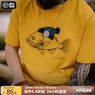 馬登工裝 美式復(fù)古深海魚植絨印花T恤重磅純棉圓領(lǐng)短袖體恤男夏季 金沙黃 XL