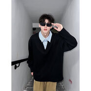 愛(ài)洛斯汀堡（Elos Castle）復古假兩件拼接翻領(lǐng)條紋襯衫領(lǐng)短袖T恤衫男潮牌學(xué)院風(fēng)半袖上衣 黑色 XL