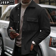 JEEP SPIRIT秋冬新款男士單排扣翻領(lǐng)休閑外套歐美簡(jiǎn)約口袋裝飾長(cháng)袖夾克外衣男 黑色 S