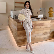 新款女裝法式復古感氣質(zhì)優(yōu)雅睫毛蕾絲連衣裙高腰顯瘦長(cháng)裙禮服 白色 L L