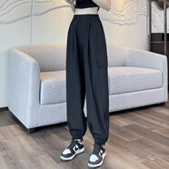 京濮飛夏季束腳工裝褲女2025薄款高腰透氣速干美式哈倫運動(dòng)褲 黑色 高158-169CM 常規 L 【106-120斤】