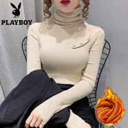 花花公子（PLAYBOY）加絨堆堆領(lǐng)毛衣女秋冬新款套頭洋氣鏤空紐扣內搭針織打底衫女上衣 杏色 加絨 S