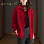 夏典素訂女王（SE.PSTP）春秋裝翻領(lǐng)毛絨衫女純色外搭針織開(kāi)衫韓版寬松毛衣外套百搭長(zhǎng)袖 紅色 優(yōu)質(zhì)原版原創(chuàng)輕奢大品牌官方旗艦 M