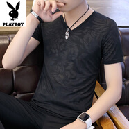 花花公子（PLAYBOY）品牌男士冰絲短袖T恤夏季V領純色速干體恤潮流鏤空印花青年裝 花瓣黑色 M