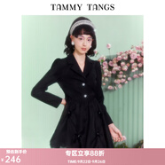 糖力【商場同款】春秋新款黑色長袖歐根紗擺西裝連衣裙女 黑色 L