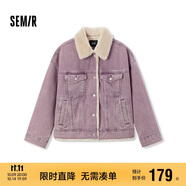 森馬（Semir）牛仔外套女拼接仿兔毛翻領(lǐng)寬松港風(fēng)冬季落肩夾棉夾克103724108001