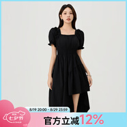 快魚(yú)方領(lǐng)泡泡袖連衣裙2024新款女夏不規則設計感收腰顯瘦氣質(zhì)長(cháng)裙 黑色 M